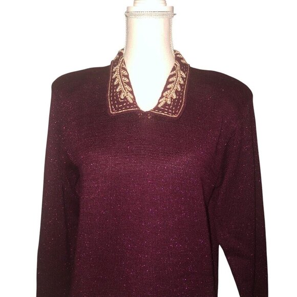 Vintage JACLYN SMITH Sz S Women's Wine & Gold Metallic Pearl Collared Sweater - Picture 3 of 7